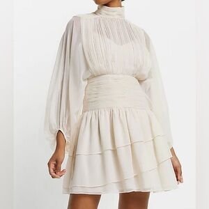 Express Mock Neck Long Sleeve Pleated Waist Tiered Ruffle Mini Dress